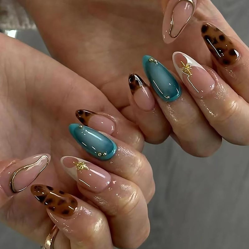 ASABITE 24Pcs Almond Press on Nails Medium Fake Nails with Glue French Tip False Nails with Brown Leopard Design Artificial Acrylic Nails Press ons Reusable Almond Nail Holiday Glue on Nail for Women - Image 1